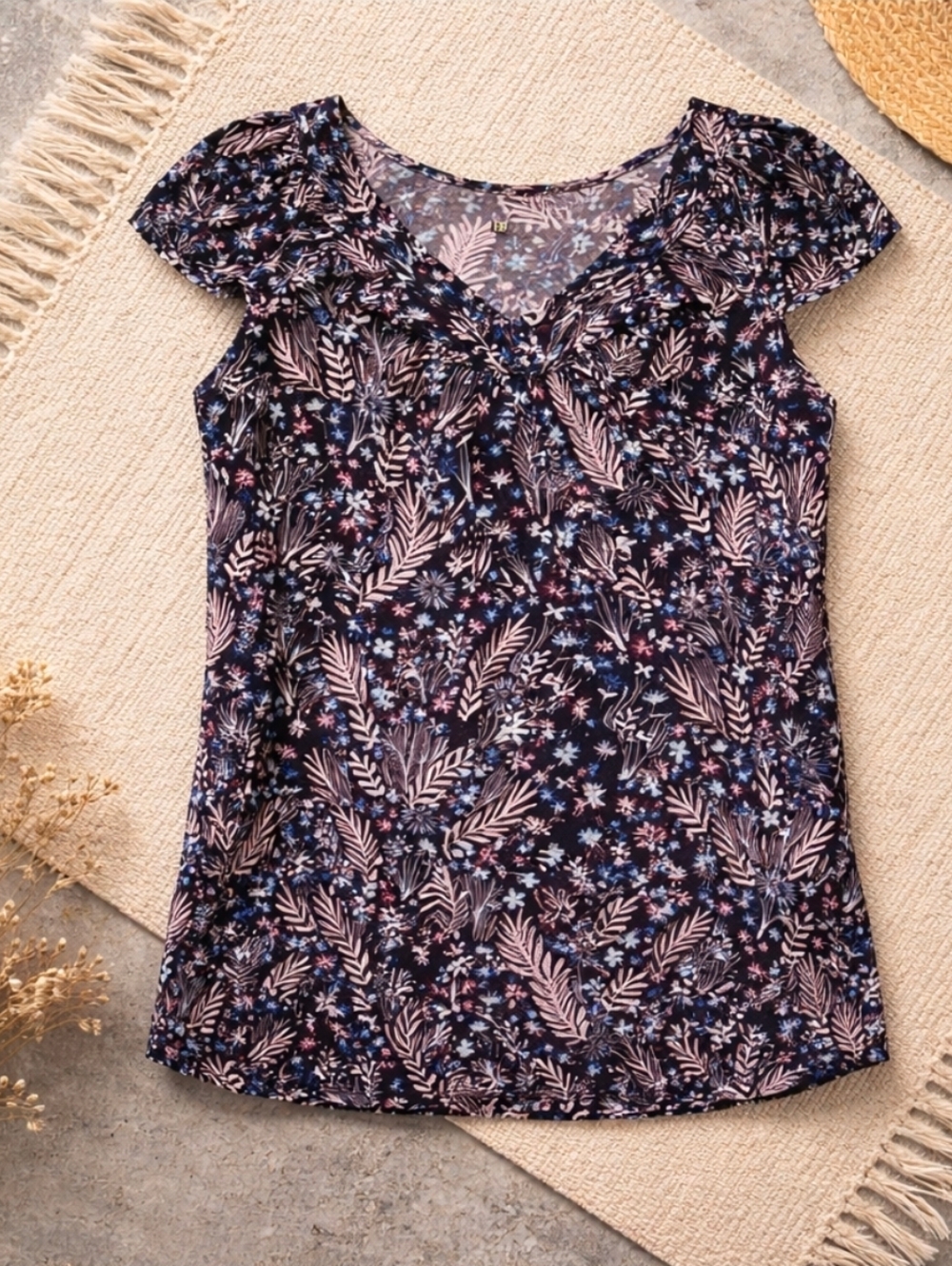 LOFT Petite XXS Floral Ruffle V-Neck Blouse | Boho Flutter Sleeve Coquette Top
